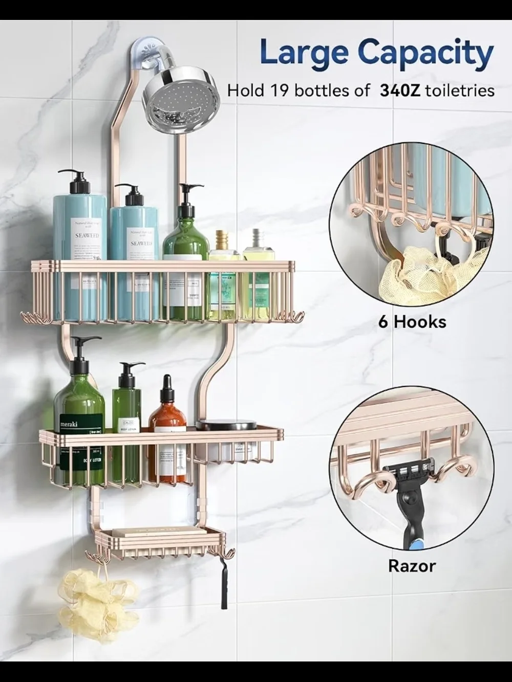 Rose Gold Shower Caddy Shelf Organizer - Wall-Mounted Bathroom Storage